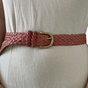 Vintage Womens Pink Leather Braided Solid Brass Buckle Western Hippy Belt Sz L